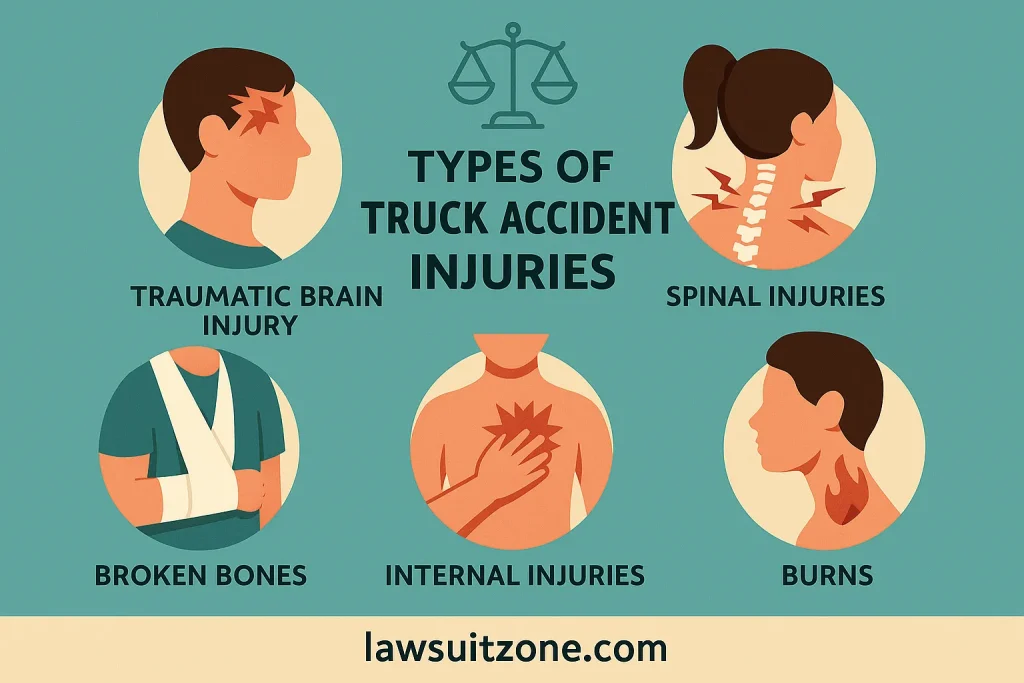Infographic explaining who can be held liable in truck accident lawsuits, including drivers, trucking companies, cargo loaders, maintenance providers, and manufacturers with lawsuitzone.com branding.