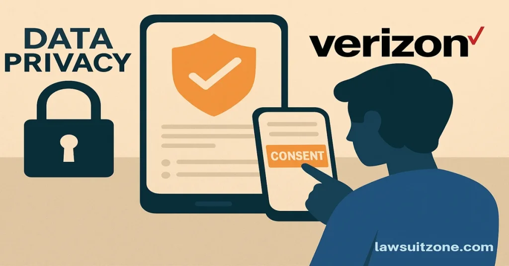 Illustration of a Verizon user reviewing data privacy settings and pressing a consent button, symbolizing user data rights.