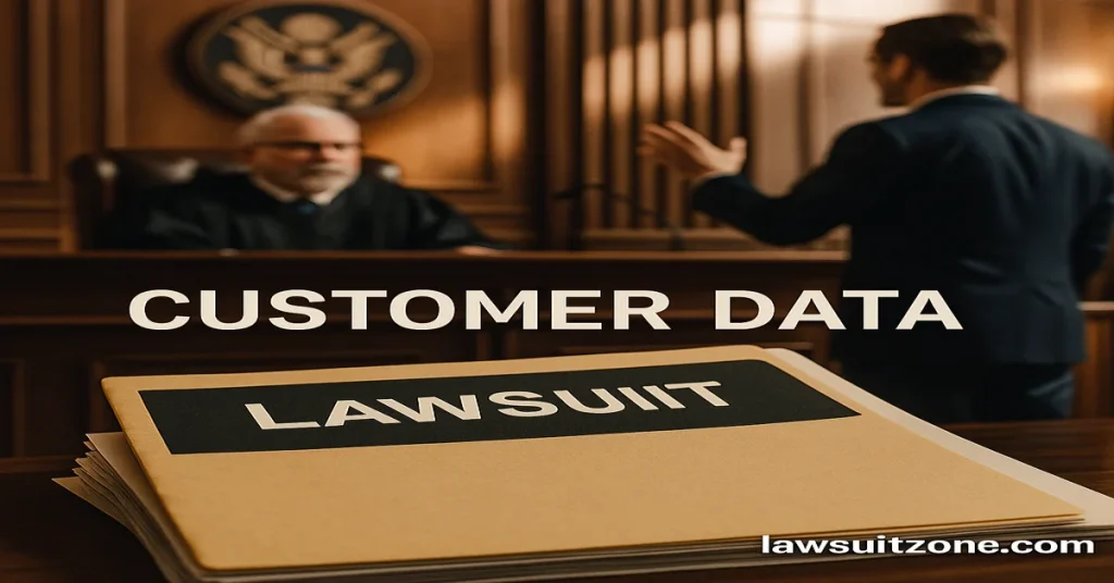 A courtroom-themed digital illustration symbolizing the Verizon customer data lawsuit and the legal proceedings surrounding data privacy.