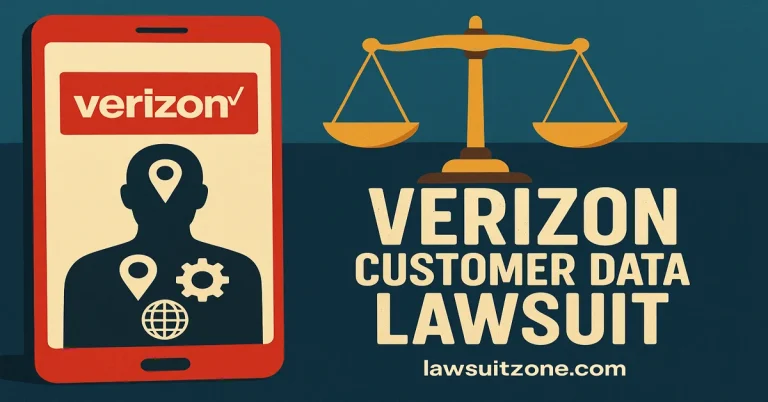 Digital graphic showing Verizon smartphone, justice scales, and data privacy icons representing the Verizon customer data lawsuit.