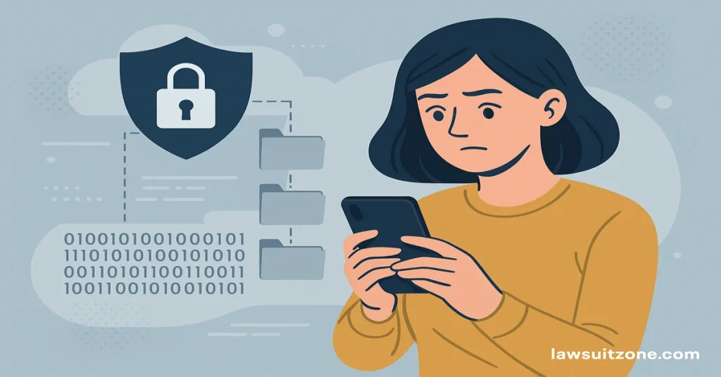 Illustration of a Verizon user securing data on a smartphone with lock and folder icons, representing privacy and data protection.