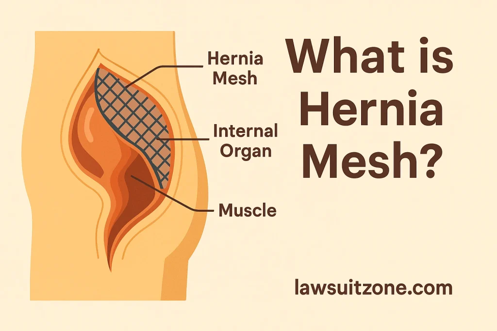 A 2D educational illustration showing a cross-section of the abdominal area with labeled hernia mesh, internal organ, and muscle, designed to visually explain what hernia mesh is. Includes lawsuitzone.com branding.