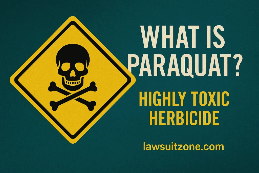 "Warning-style graphic explaining what paraquat is, showing a toxic hazard symbol and highlighting that paraquat is a highly toxic herbicide with lawsuitzone.com branding."