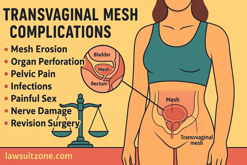 "Informational infographic explaining what transvaginal mesh is, showing pelvic anatomy and mesh placement with lawsuitzone.com branding."