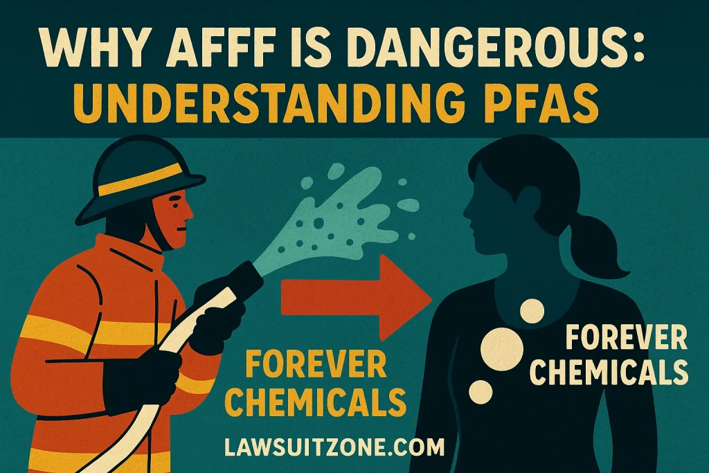 "Infographic showing how AFFF exposure leads to PFAS absorption in the body, featuring a firefighter spraying foam and a silhouette representing chemical impact."