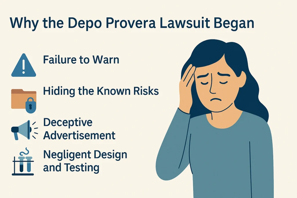 Illustration showing the key reasons behind the Depo Provera lawsuit, including medical risks, injury claims, and lawsuit documentation.