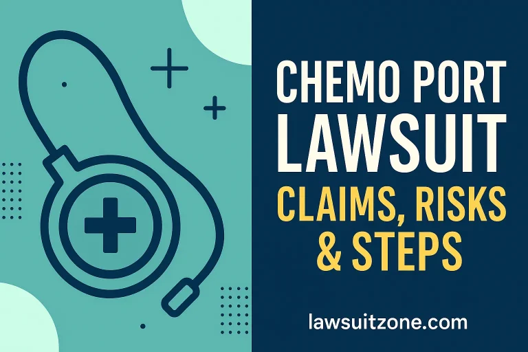 Chemo port lawsuit guide showing chemotherapy port complications like infection, blood clots, malfunction, and legal claim steps