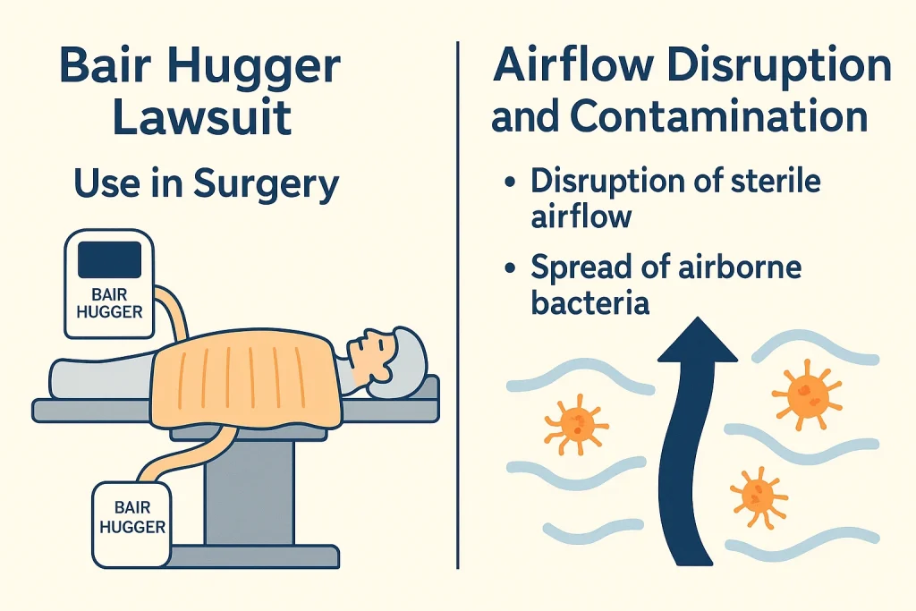 Infographic showing Bair Hugger lawsuit claims involving airflow disruption and spread of bacteria during surgery
