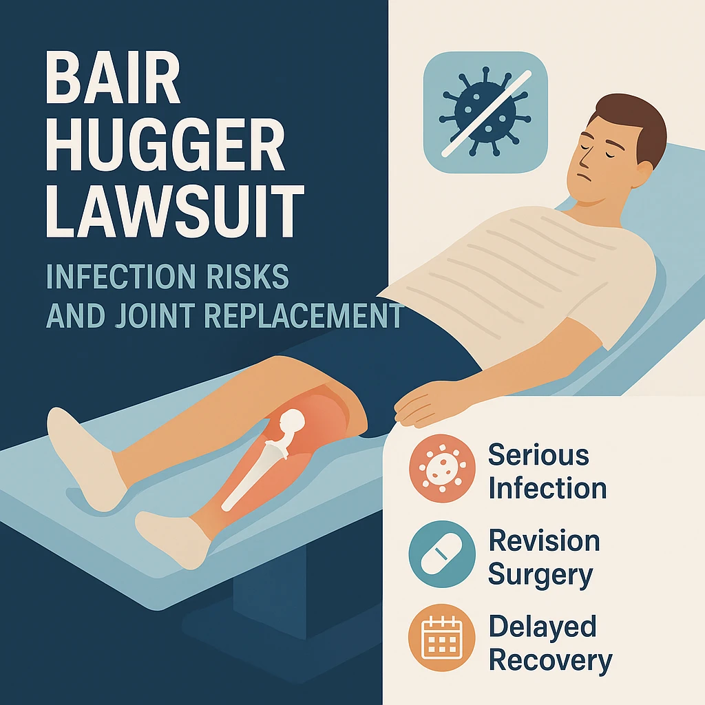 Illustration showing Bair Hugger lawsuit infection risks in joint replacement surgery including serious infection and revision surgery