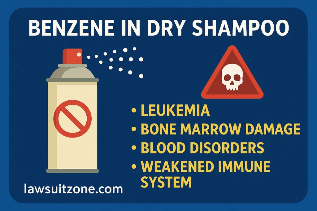 Infographic showing benzene in dry shampoo and health risks including leukemia and blood disorders