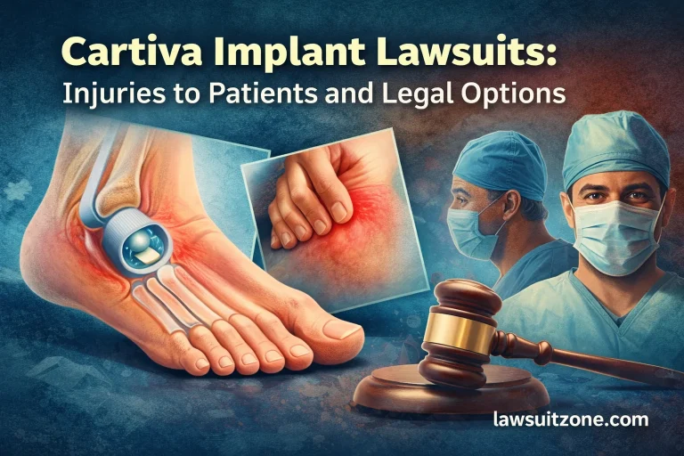 Cartiva implant lawsuit feature image showing failed toe implant, foot pain, surgeon, and legal gavel representing patient injury claims