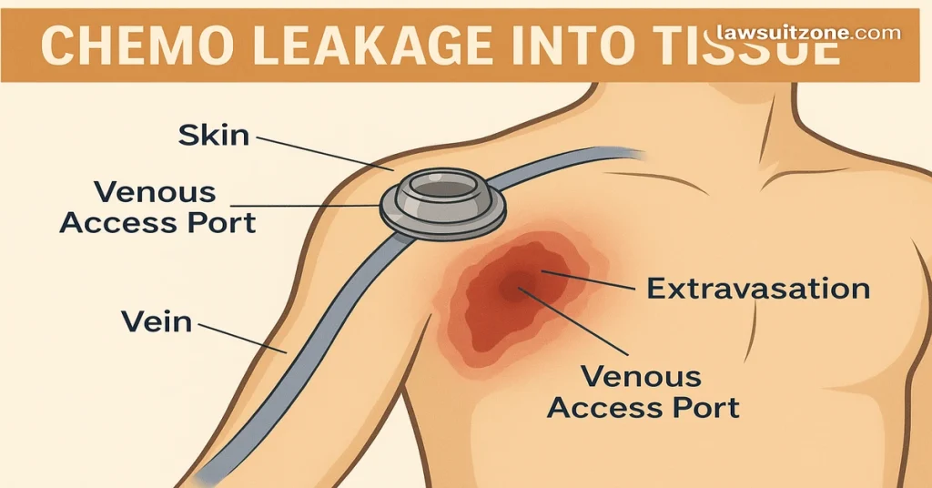 Chemo Extravasation: Leakage Into Tissue From a Port

Alt Text (SEO): Illustration of chemotherapy extravasation showing chemo leakage into tissue near a venous access port and vein in the chest area
