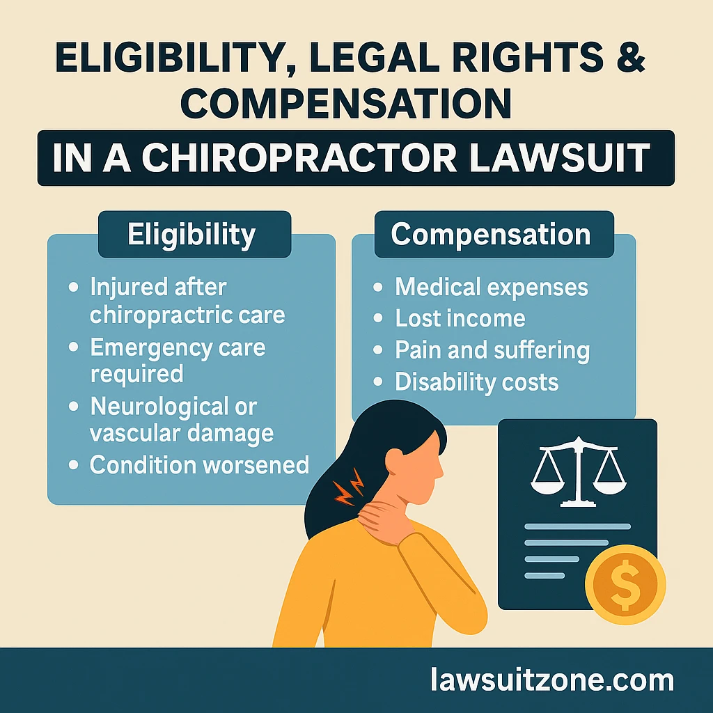 Illustration showing eligibility criteria and compensation options in a chiropractor lawsuit for injured patients