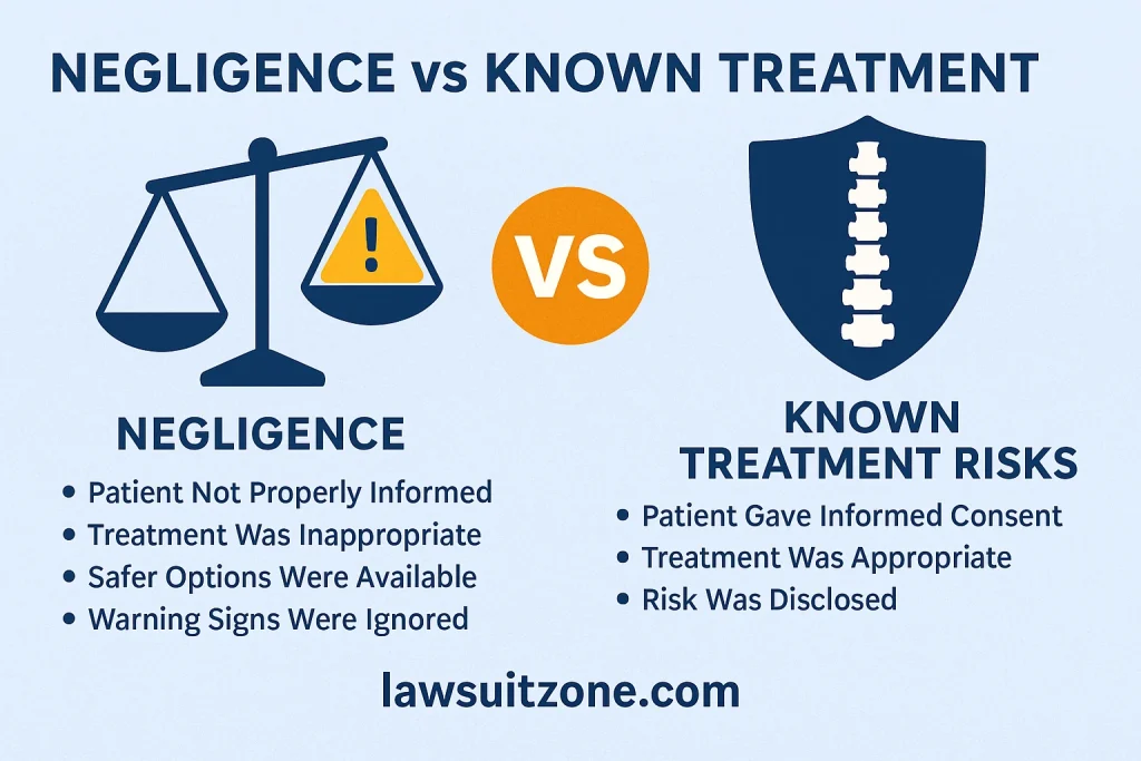 Infographic comparing negligence vs known treatment risks in chiropractor lawsuit cases involving spinal manipulation injuries