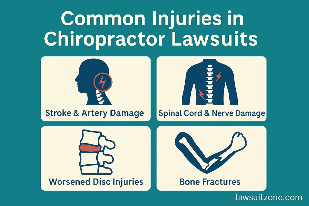 Infographic showing common injuries in chiropractor lawsuit cases including stroke, spinal cord damage, disc injuries, and fractures