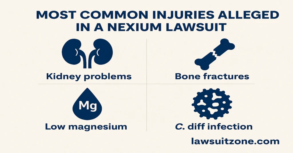 Infographic showing common injuries in a Nexium lawsuit, including kidney problems, bone fractures, low magnesium, and C. diff infection with icons