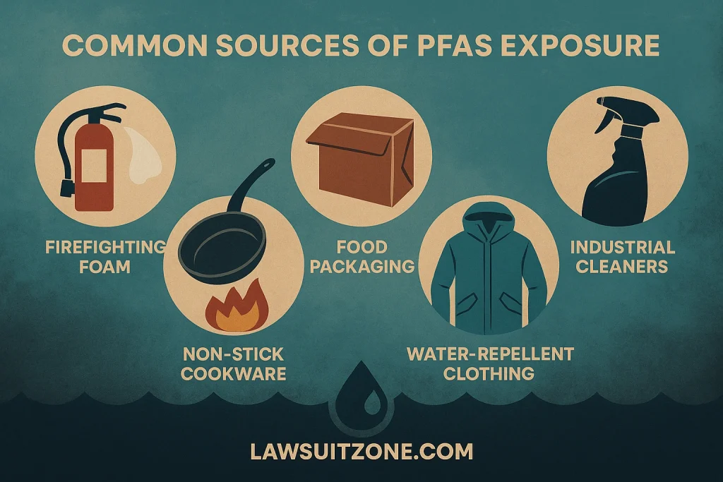 Illustration showing common sources of PFAS exposure, including firefighting foam, non-stick cookware, food packaging, water-repellent clothing, and industrial cleaners, branded with lawsuitzone.com.