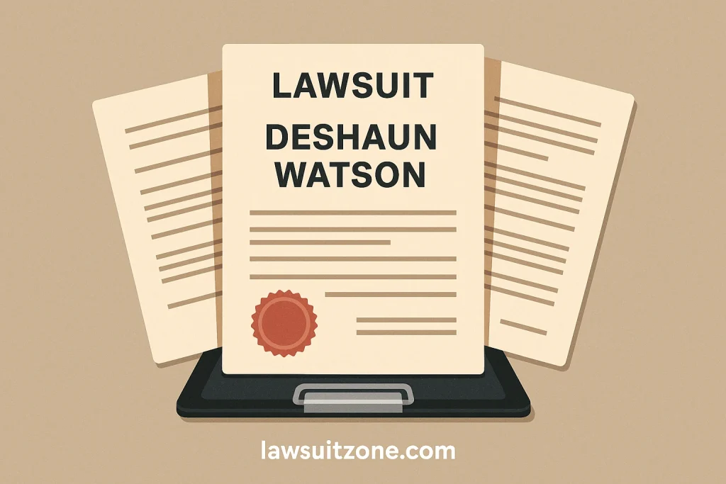 Illustration of Deshaun Watson lawsuit documents on a clipboard, symbolizing multiple civil filings, with lawsuitzone.com branding.