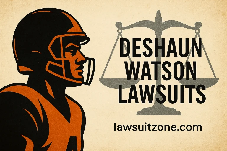 Illustrated silhouette of Deshaun Watson alongside justice scales, symbolizing the Deshaun Watson lawsuits controversy, with lawsuitzone.com branding.