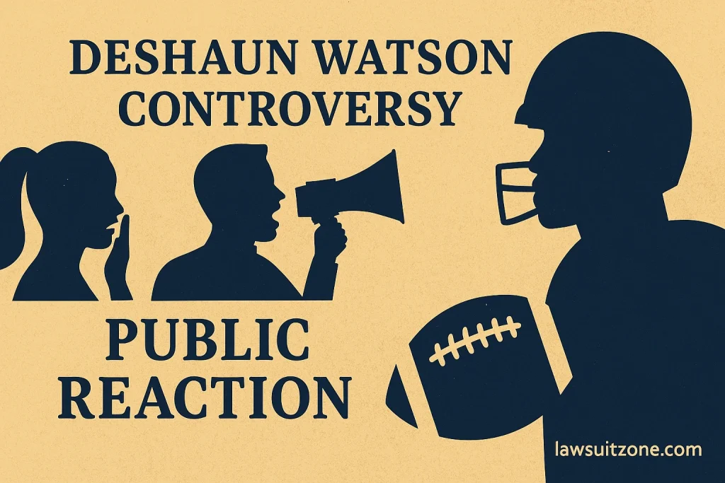 Illustration showing public reaction to the Deshaun Watson controversy, featuring silhouettes of a football player, a shocked woman, and a man with a megaphone, branded with lawsuitzone.com.