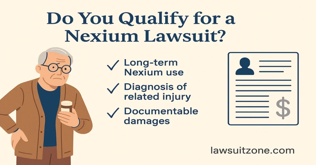 Nexium lawsuit eligibility infographic showing long-term Nexium use, diagnosis of related injury, and documentable damages with lawsuitzone.com branding