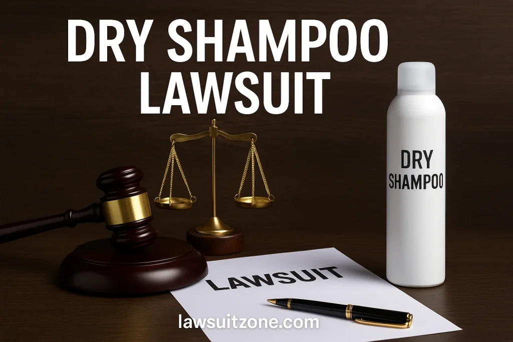 Dry shampoo lawsuit showing legal claims, court symbols, and consumer rights against manufacturers