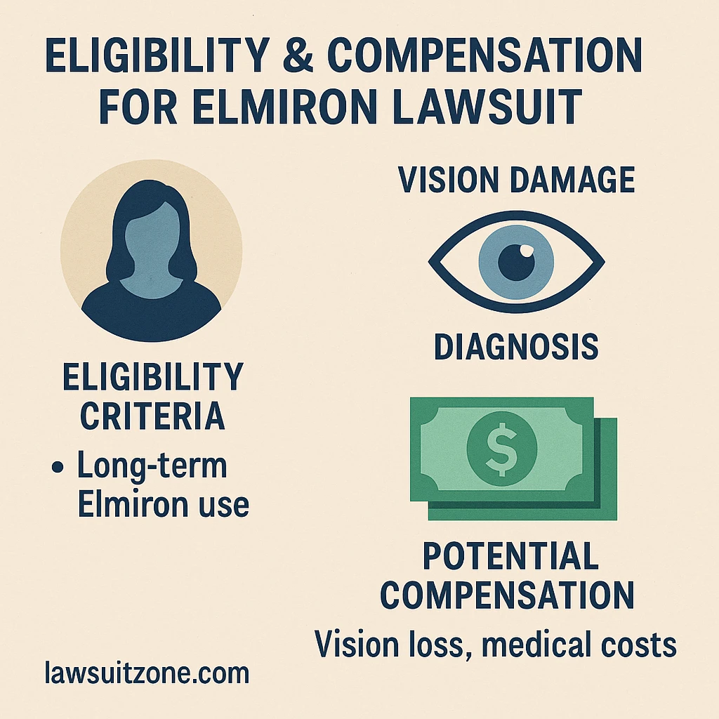 Infographic explaining Elmiron lawsuit eligibility criteria and compensation for patients with vision damage