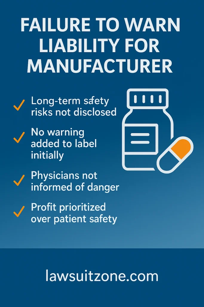 Infographic explaining failure to warn claims in Elmiron lawsuit involving manufacturer liability and undisclosed vision risks