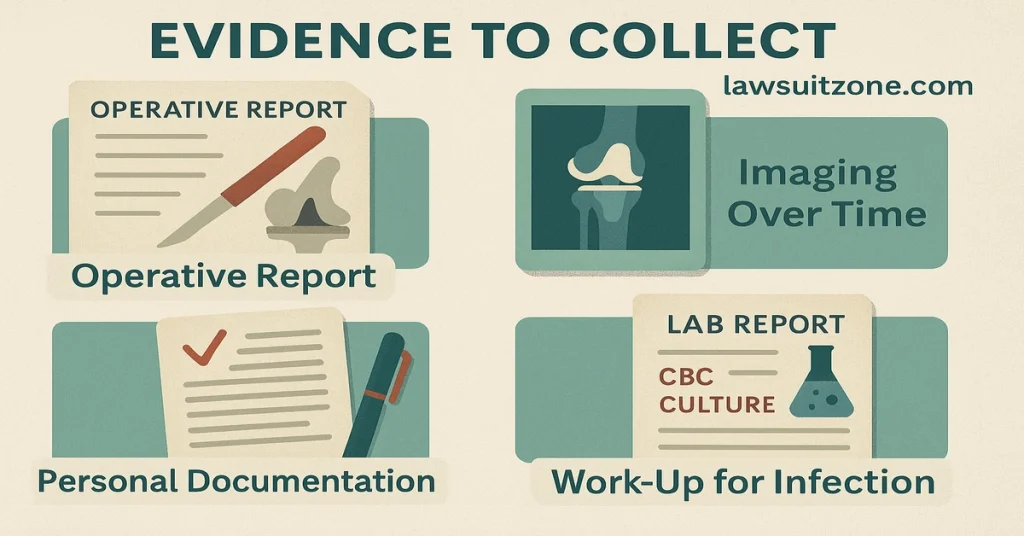 Evidence checklist for a knee replacement lawsuit showing operative report, imaging over time, infection work-up labs, and personal documentation with lawsuitzone.com