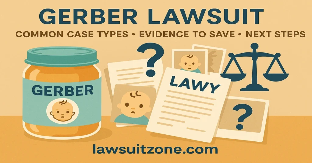 Gerber lawsuit infographic showing common case types, evidence to save, and next steps for parents, with lawsuitzone.com on the image