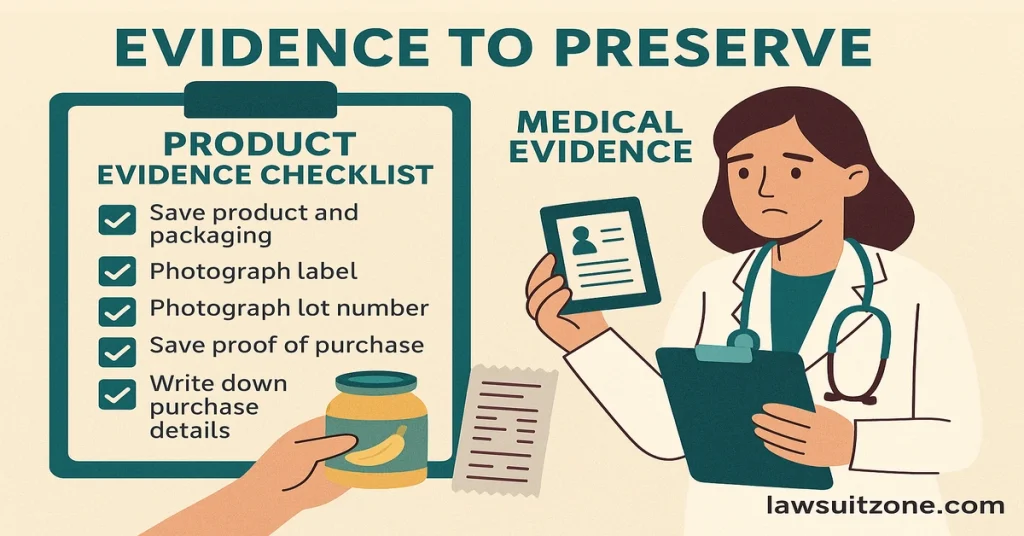 Gerber lawsuit evidence to preserve infographic showing product evidence checklist and medical evidence, with lawsuitzone.com branding