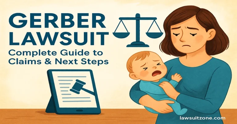 Gerber lawsuit feature image showing a parent holding a baby with legal symbols, covering claims, evidence to save, and next steps on lawsuitzone.com