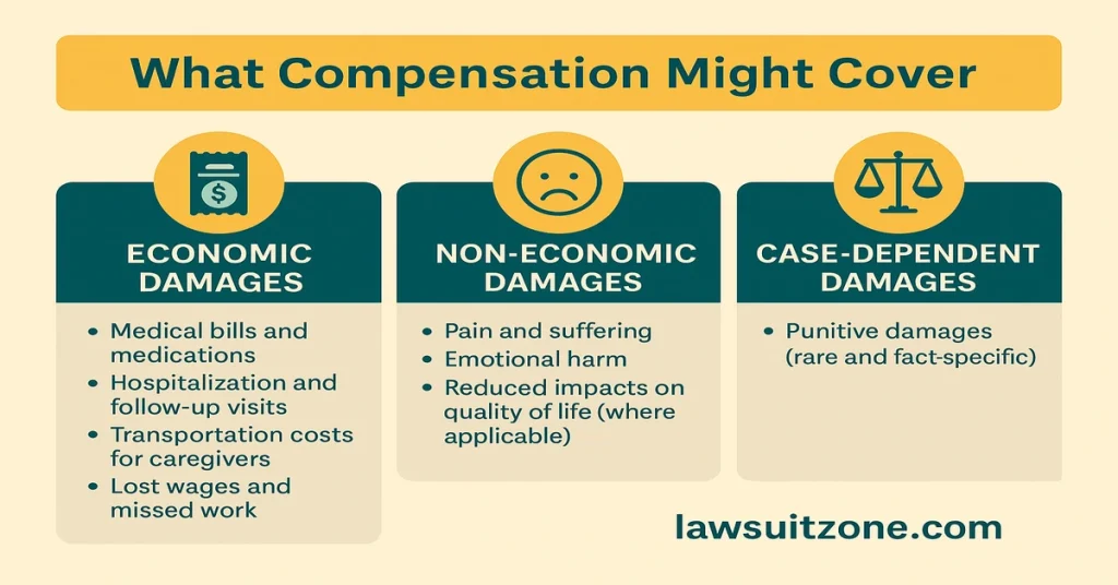 Gerber lawsuit compensation infographic showing economic damages, non-economic damages, and case-dependent damages, with lawsuitzone.com branding
