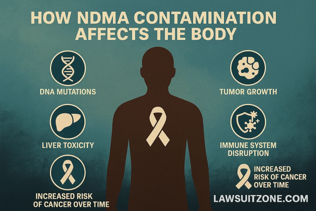 Infographic illustrating how NDMA contamination affects the body, showing risks such as DNA mutations, tumor growth, liver toxicity, immune system disruption, and increased cancer risk, branded with lawsuitzone.com.