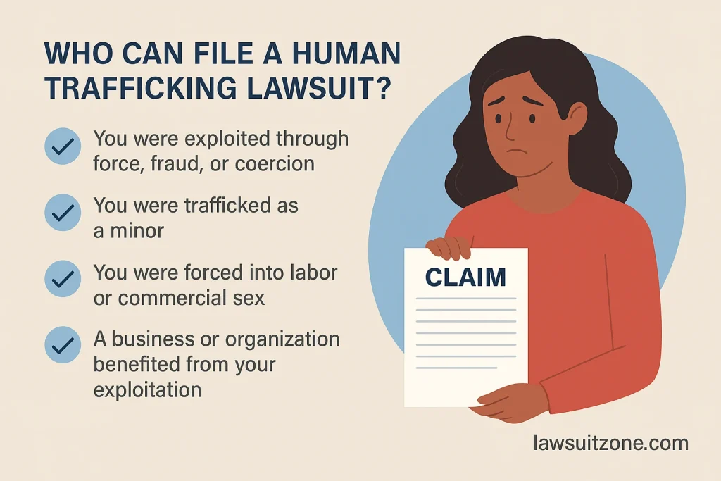 Illustration showing who can file a human trafficking lawsuit including survivors of force, fraud, or coercion