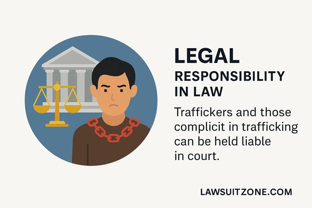 Illustration showing legal responsibility in a human trafficking lawsuit and court liability for traffickers and enablers