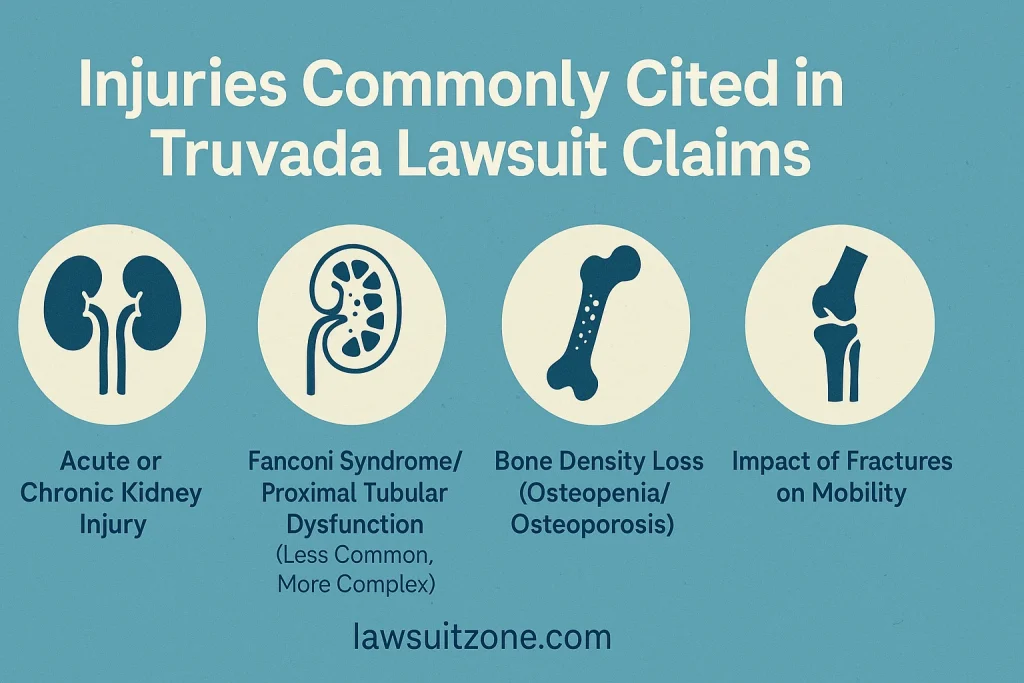 Infographic showing injuries commonly cited in Truvada lawsuit claims, including kidney injury, Fanconi syndrome, bone density loss, and fracture-related mobility issues, branded with lawsuitzone.com