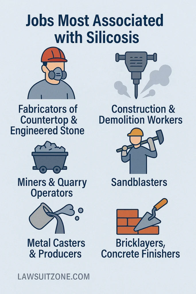 Infographic showing jobs most associated with silicosis including construction workers, stone fabricators, miners, and sandblasters