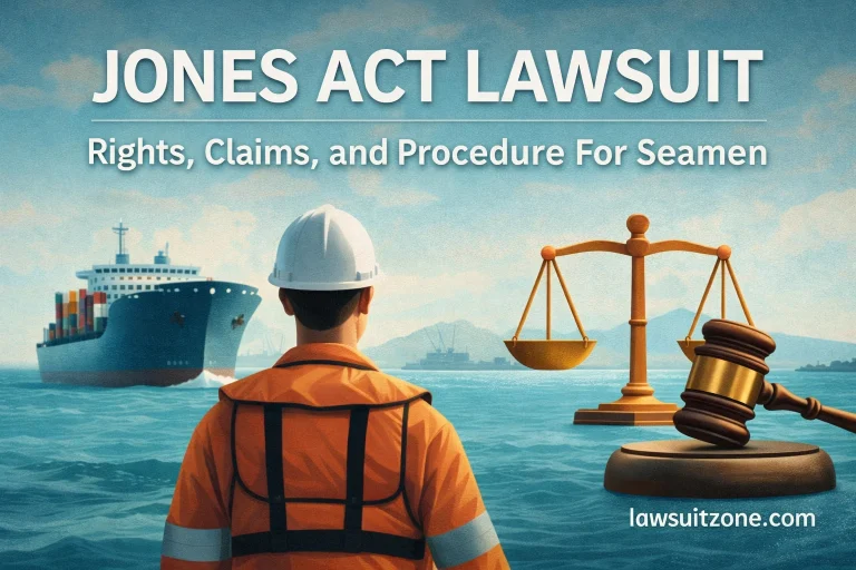 Jones Act lawsuit feature image showing a seaman, cargo ship, and legal symbols representing maritime injury claims