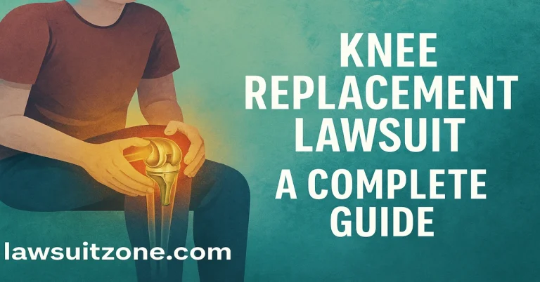 Knee replacement lawsuit feature image showing knee implant pain and a complete guide to implant failure claims, evidence, and legal steps