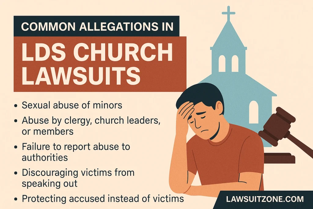 Graphic showing common allegations in LDS Church lawsuits including abuse, cover-ups, and failure to report