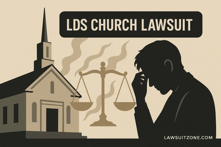 LDS Church lawsuit illustration showing legal action, justice scales, and abuse survivor concerns