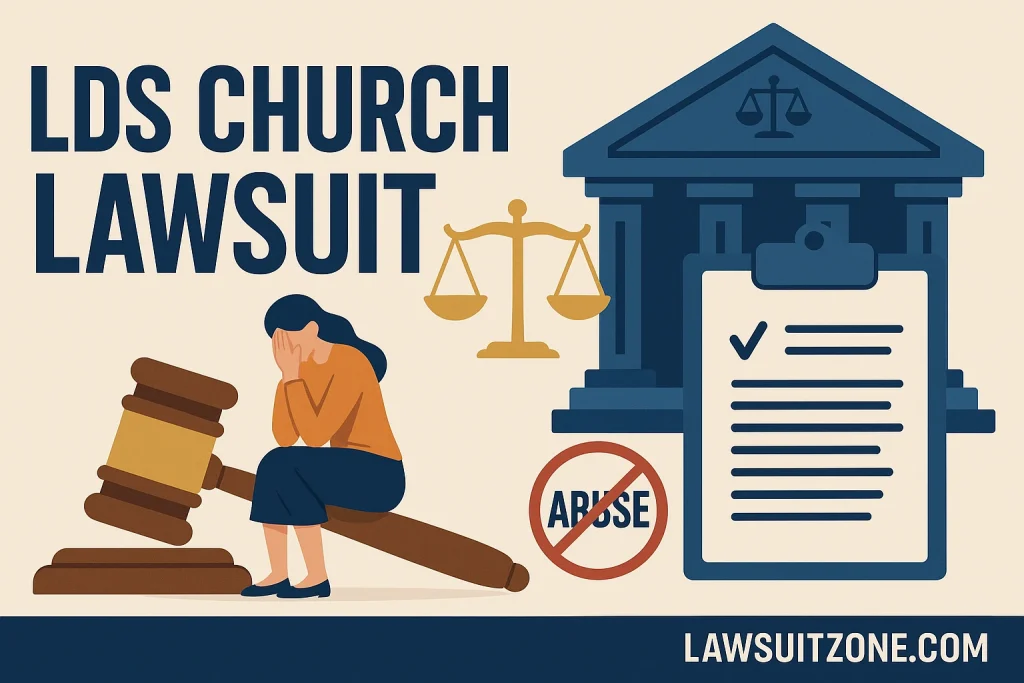 Illustration showing LDS Church lawsuit legal process, court action, justice system, and abuse prevention