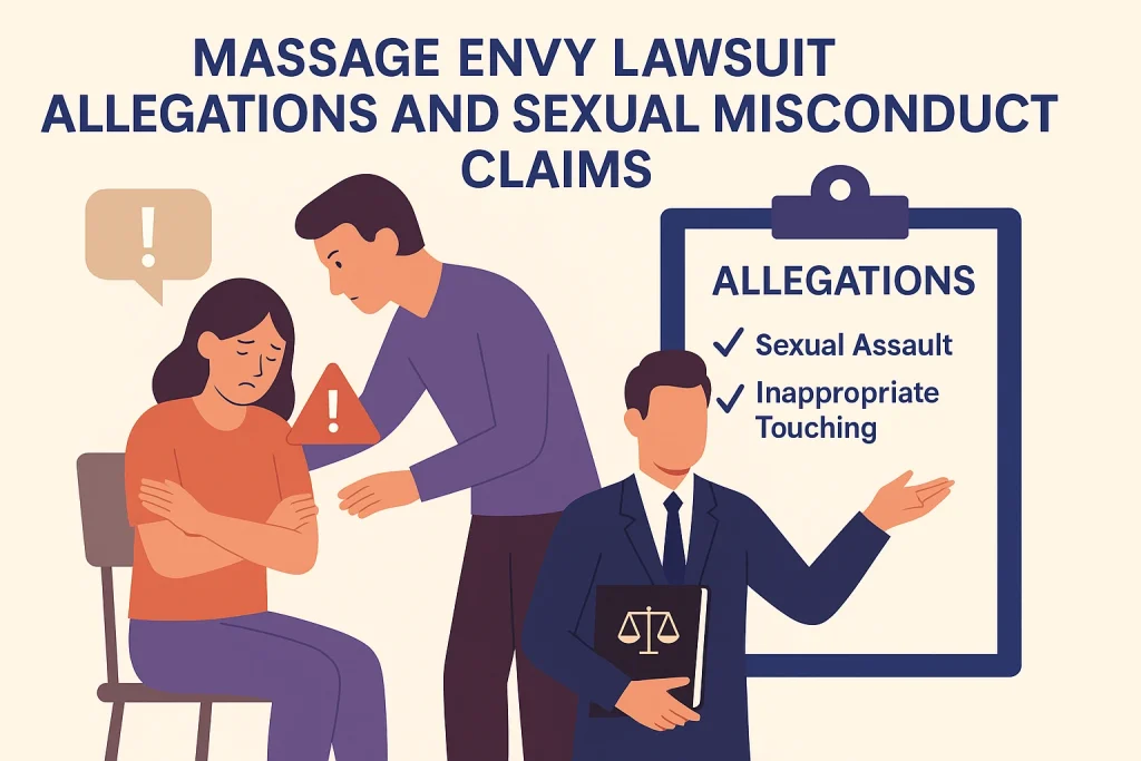 Illustration showing Massage Envy lawsuit allegations involving sexual assault and inappropriate touching during massage sessions