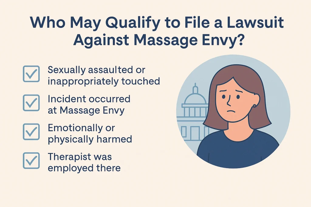 Infographic explaining who may qualify to file a Massage Envy lawsuit based on assault, harm, and therapist employment