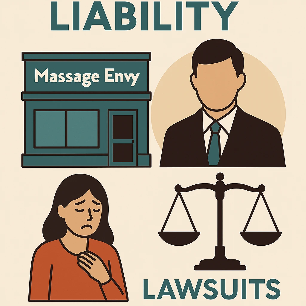 Illustration showing Massage Envy lawsuit franchise liability involving corporate control, victim claims, and legal responsibility