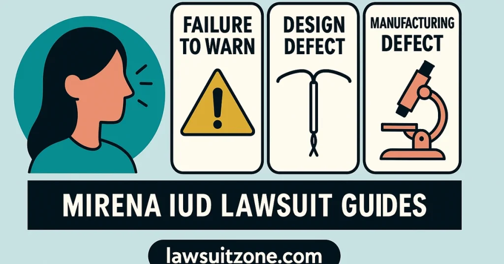 Mirena IUD lawsuit claims explained showing failure to warn, design defect, and manufacturing defect with lawsuitzone.com branding.