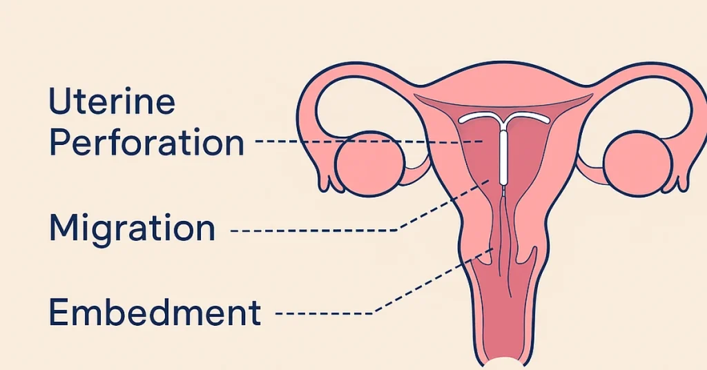 Infographic of common Mirena IUD lawsuit injuries including uterine perforation, migration, and embedment with lawsuitzone.com label.