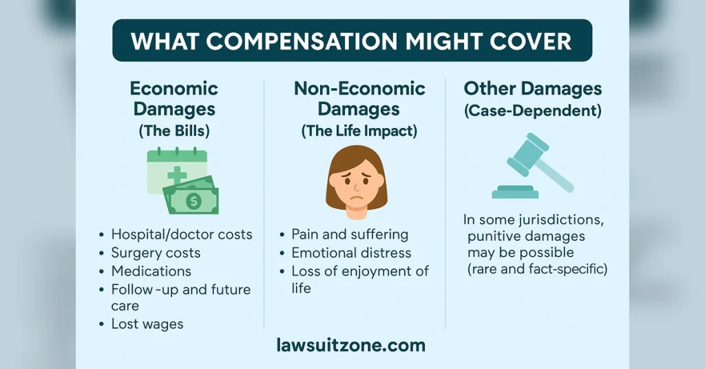 Mirena IUD lawsuit compensation infographic showing economic damages, non-economic damages, and other case-dependent damages with lawsuitzone.com