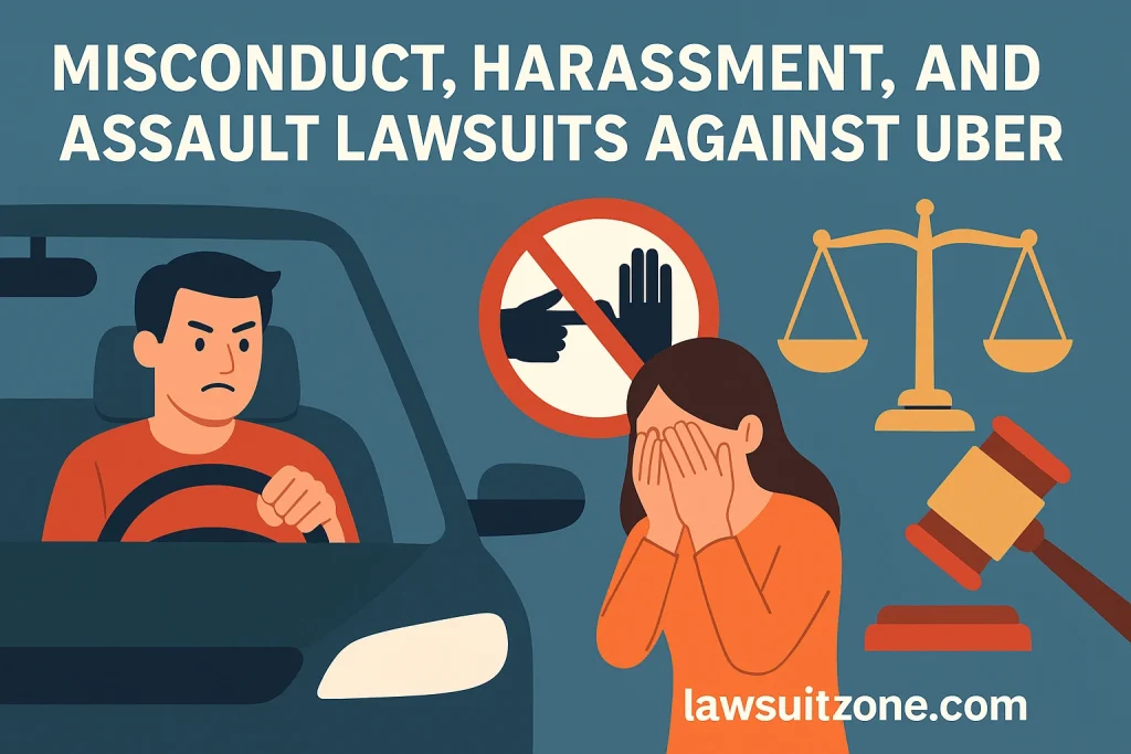 Illustration showing an Uber misconduct situation with a distressed passenger, an aggressive driver, justice scales, and a no-harassment sign, branded with lawsuitzone.com.